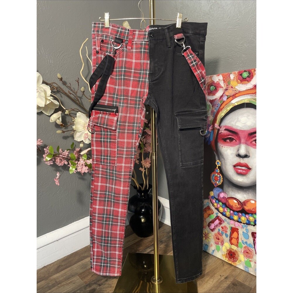 HT Denim Pants Mens 32x30 Multicolor Plaid Cargo Stinger Suspenders Punk Skinny